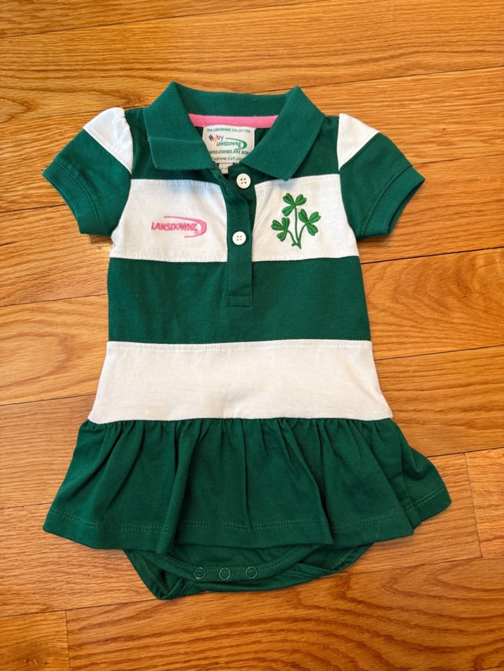 Landsdowne Green & White Striped Polo Dress Bodysuit Clover Embroidery 6-12m